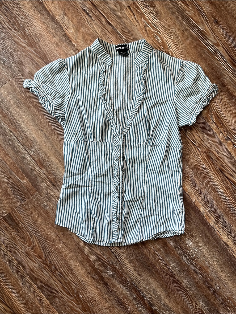 Wet Seal White & Black Vertical Stripe Ruffle Blouse